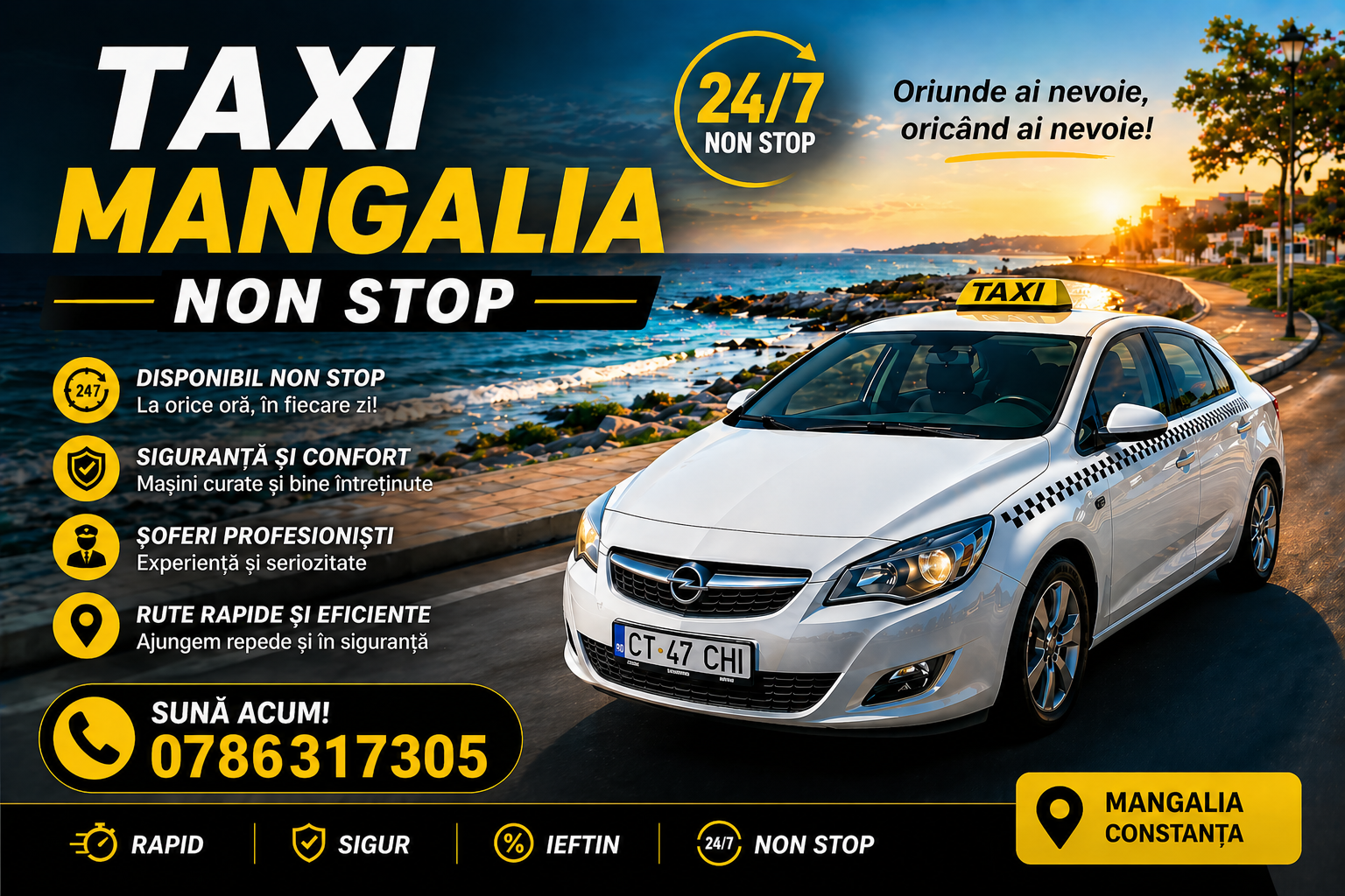 Taxi Mangalia Non Stop disponibil 24/7 prin telefon sau WhatsApp